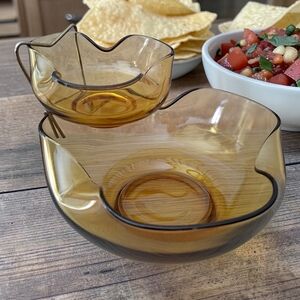 Vintage Amber Glass Chip & Dip Set Mid-Century Bowls with Metal Holder